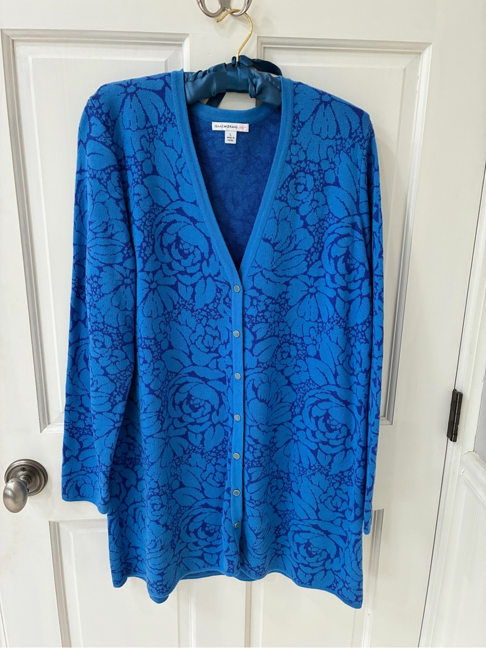 Isaac Mizrahi Live! Floral Jacquard Cardigan! Blue & Black Large